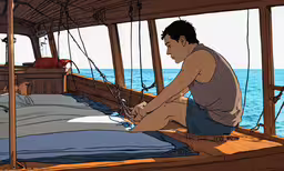 there is a person on the deck of a boat sewing,a young man works on the rig of a ship