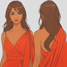 an image of two women in dresses looking back at each other