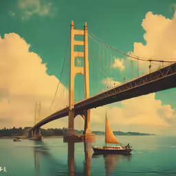 the bridge is crossing the blue ocean with sailboats in front