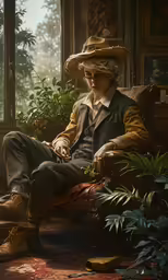 an older man in a straw hat is sitting on a chair