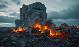 an abstract scene of a pile of broken wood and rocks