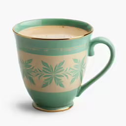 a green cup with a golden rim and flowers is sitting in a white cup