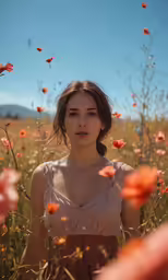 a woman standing in a field with red flowers