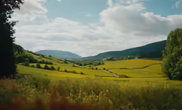 a scenic landscape of green hills, with trees on the sides
