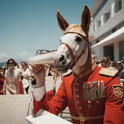 a horse wearing a military outfit is drinking from a cup