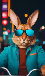 a man riding a bike with a cat in sunglasses on top