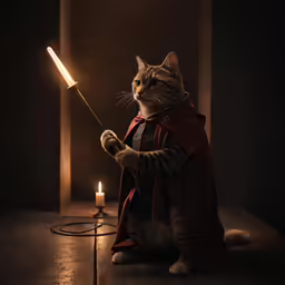 a cat dressed up as a knight sits next to a candle