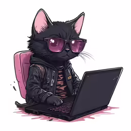 the black cat is wearing shades and using a laptop