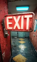 a red exit sign on a red wall