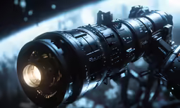 a large camera and lens set with lights on