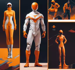 the orange and white man is standing on the floor,several photos of different poses from a person wearing an orange suit