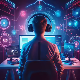 a man with a headset is sitting at a desk