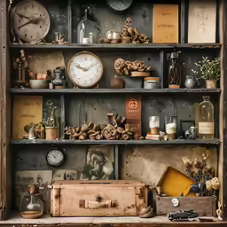 a shelf full of many old things like clocks, books and various other things