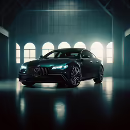 a black car is parked in front of three windows
