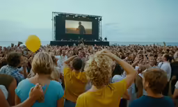 group of people gathered at the waterfront watching the show