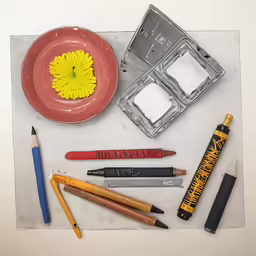 a table with various colored pencils and pens