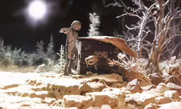 toy soldier standing on rocks next to an abandoned cabin