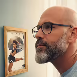 man in glasses standing near the picture hanging up on the wall