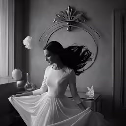 black and white photograph of woman wearing a dress in front of a wall
