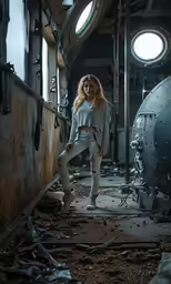 a woman standing in a large room full of metal objects