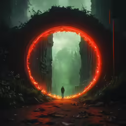 a man walks through the middle of a red glowing tunnel