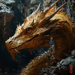 a large golden dragon head floating in water