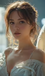 the girl is wearing a white dress with a flowing hairstyle