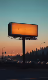 a billboard sitting on the side of a road in front of a beautiful sunset
