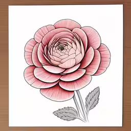 a pink flower in watercolics on paper,the picture shows the pink flower with the green eye,a flower drawn in colored ink on paper,a flower drawn in color and colored pencil on paper,a drawing of a flower with an arrow drawn on it
