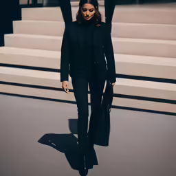 a woman is walking down the stairs with her hand in her purse