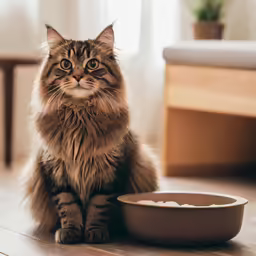 a cat sitting on the floor next to a bowl