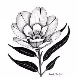 black and white drawing of a flower,a white flower with green leaves on it,a pencil drawing of a flower that looks like it is blooming,a flower drawing on paper with some leaves,a black and white image of a flower