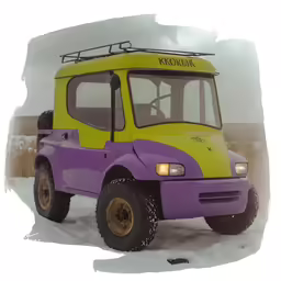 a purple and yellow passenger bus on a snowy road