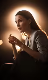 an attractive woman sitting on top of a black chair in the dark
