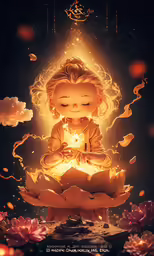 a young buddha in meditation position with orange flame