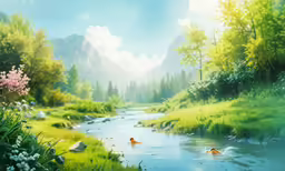 two little ducks swimming in the small river