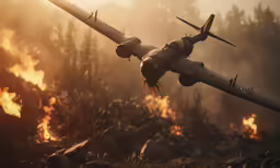 a plane flying over a forest full of burning trees
