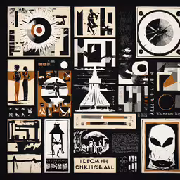 collage of different art pieces with various items on them,an abstract black and white painting with various images