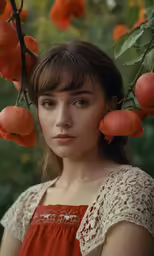 a girl in red is standing under orange fruit