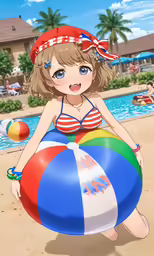 the woman in a bikini sits on a ball at the beach
