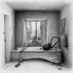 a room with a messy counter top, window and curtain