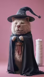 the cat is wearing a witches costume and a hat