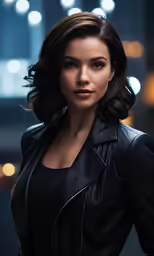 a woman is dressed in black leather posing for a picture