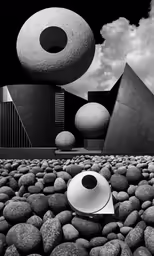 an abstract black and white photograph with different shapes