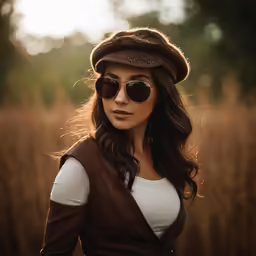 a woman wearing sun glasses and a hat poses in the park
