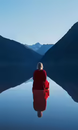 a man in a red jacket sitting on the edge of water