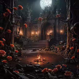 a dark and gloomy room with flowers on the floor