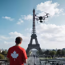 man looking at a large model aircraft flying in the air above him