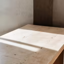 wooden table in front of concrete wall next to window