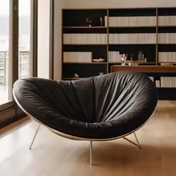 this chair is sitting in front of a book case